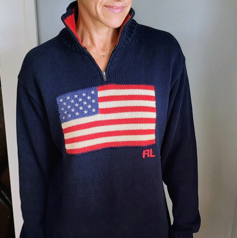 Rare Vintage 80s Ralph Lauren 1/4 Zip Navy American Flag Sweater. - Picture 5 of 12